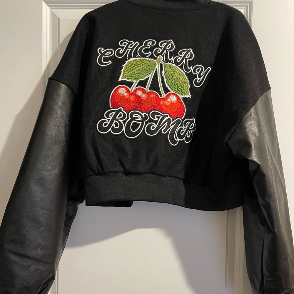 Fashion Nova Black Bomber Jacket with Red Accents - Picture 2 of 4